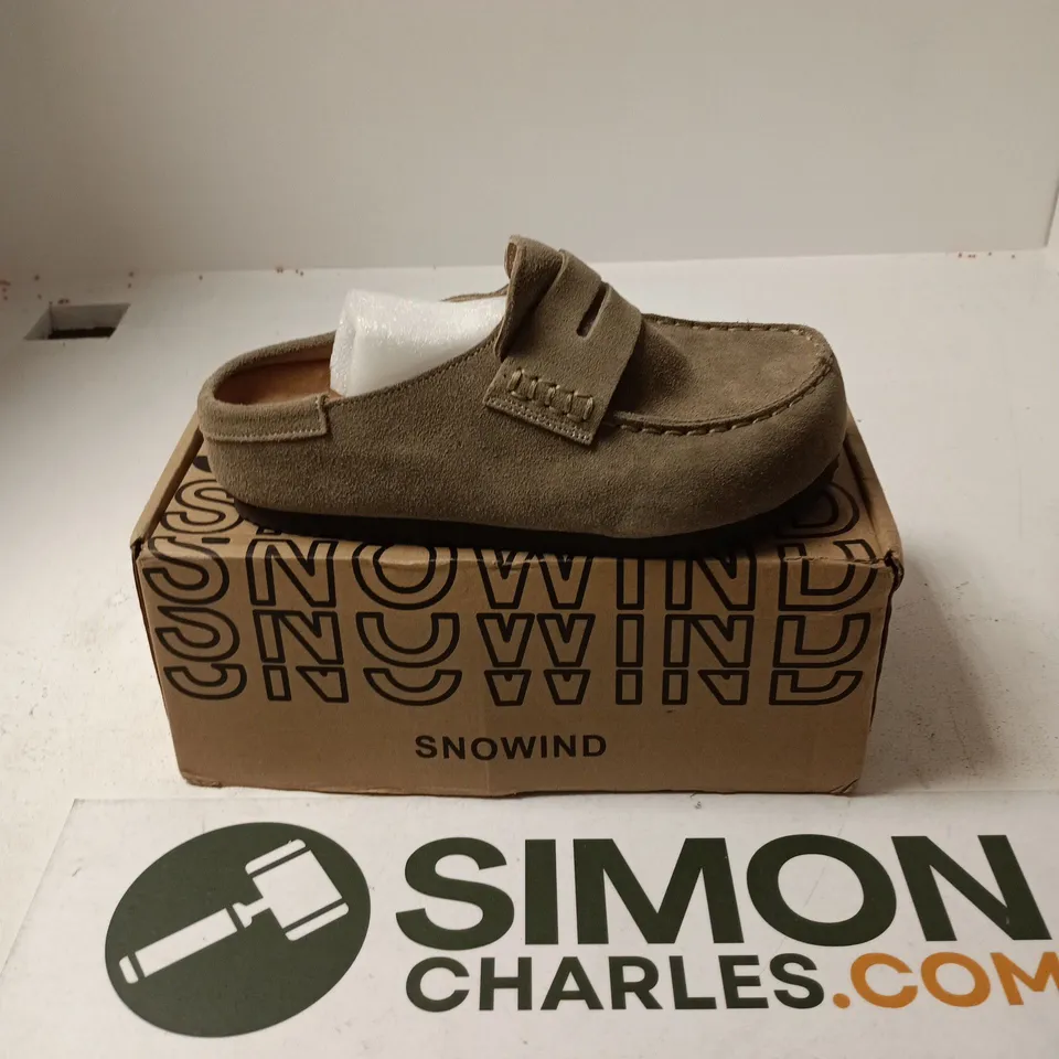 BOXED PAIR OF SNOWIND SUEDE CLOGS IN TAUPE - SIZE 36