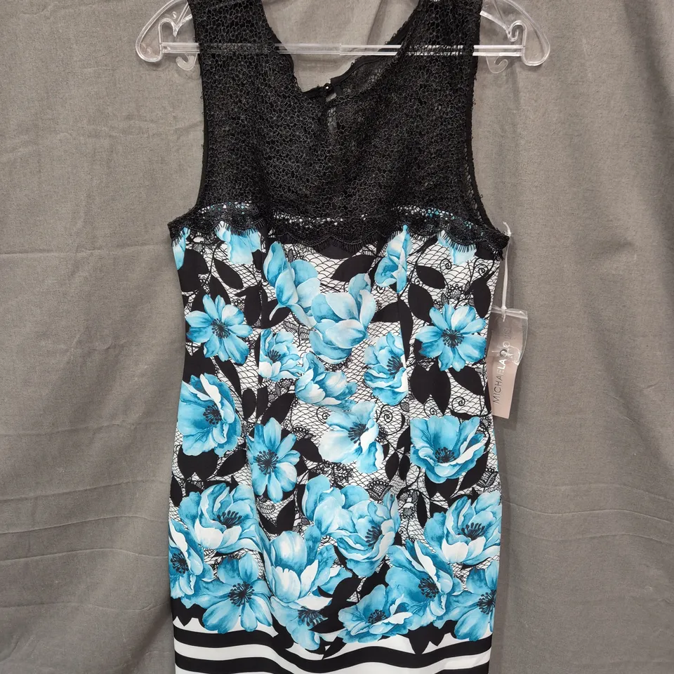 MICHAEL KORS WOMEN'S DRESS – BLUE FLORAL PRINT WITH BLACK LACE BODICE, UK 10 (USA 6)