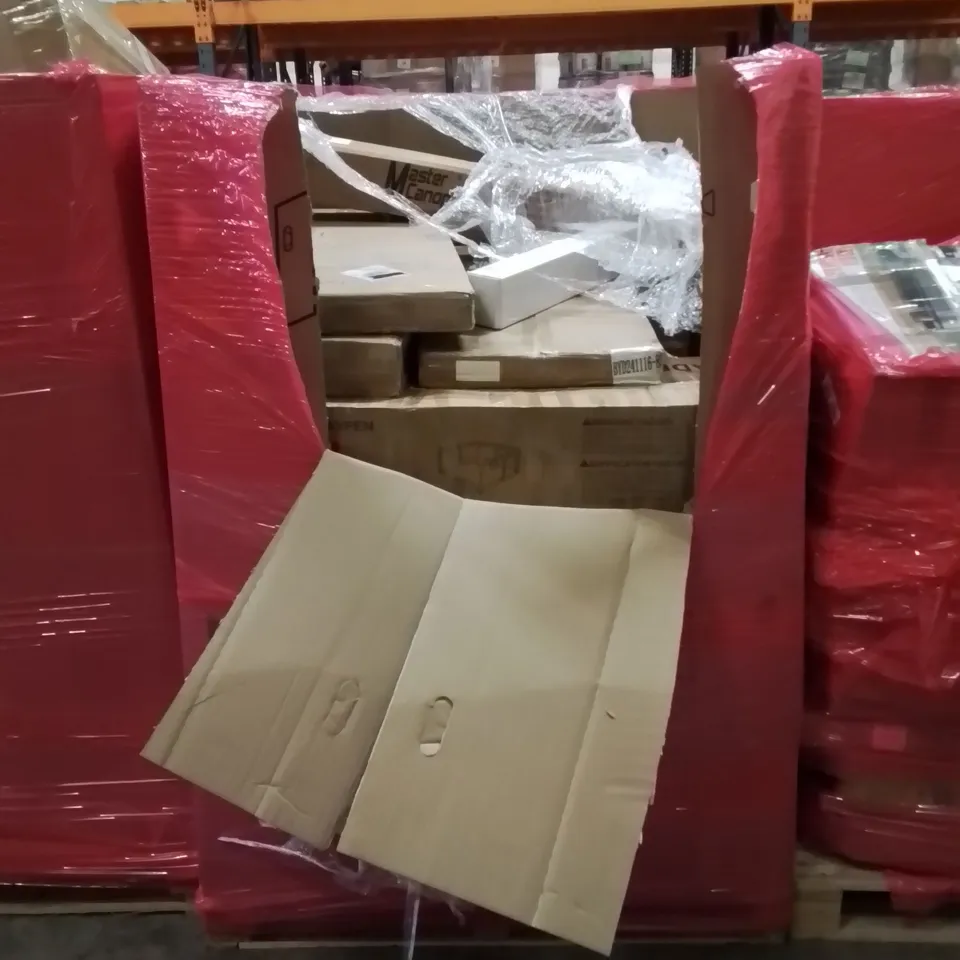 PALLET OF ASSORTED HOUSEHOLD ITEMS AND CONSUMER PRODUCTS TO INCLUDE; OFFICE CHAIR, CONVECTOR HEATER, BABY PLAYPENS, BOXED FURNITURE ETC 