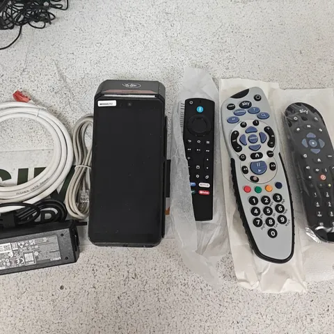 LOT OF ASSORTED TECH ITEMS TO INCLUDE REMOTES,ETHERNET CABLE AND POWER ADAPTER