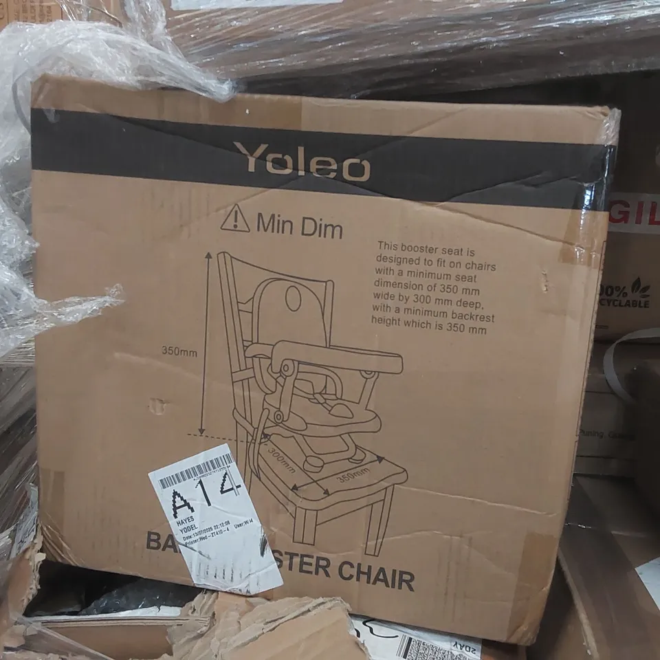 PALLET CONTAINING A LARGE ASSORTMENT OF CONSUMER PRODUCTS INCLUDING: BATHROOM MIRRORS, BABY BOOSTER CHAIR ECT