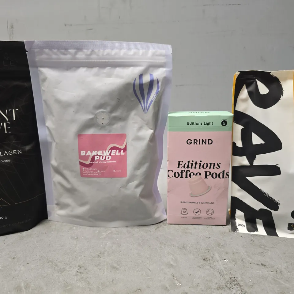 APPROXIMATELY 7 ASSORTED FOOD ITEMS TO INCLUDE - GRIND EDITIONS COFFEE PODS , RAVE SWISS WATER DECAF BLEND , BAKEWELL PUD COFFEE BEANS ETC