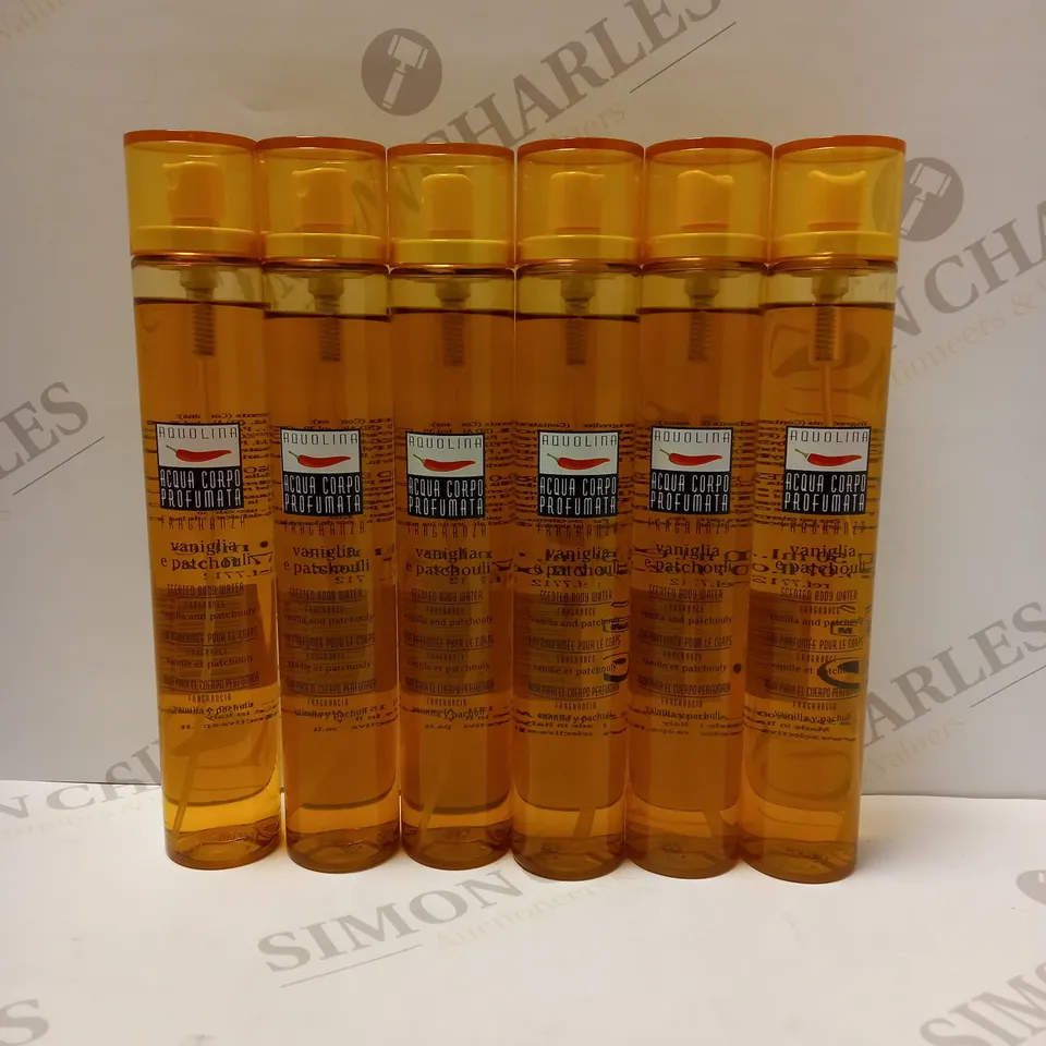 LOT OF APPROX 12 X 150ML AQUOLINA VANILLA AND PATCHOULY SCENTED BODY WATER SPRAY