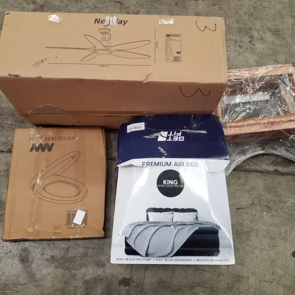PALLET OF ASSORTED PRODUCTS INCLUDING TOILET SEAT COVER, CEILING FAN, PREMIUM KING AIR BED, ALUMINIUM STEP STOOL