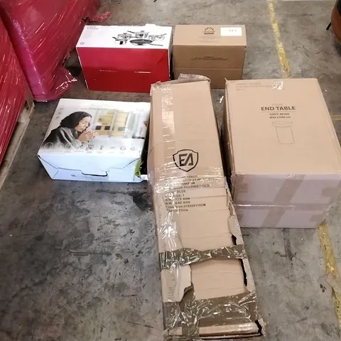PALLET OF ASSORTED ITEMS TO INCLUDE: LYDUM END TABLE, HEATED THROW, FOLDING CHAIR, PAN SET, MAMA BEAR BABY WIPES ECT