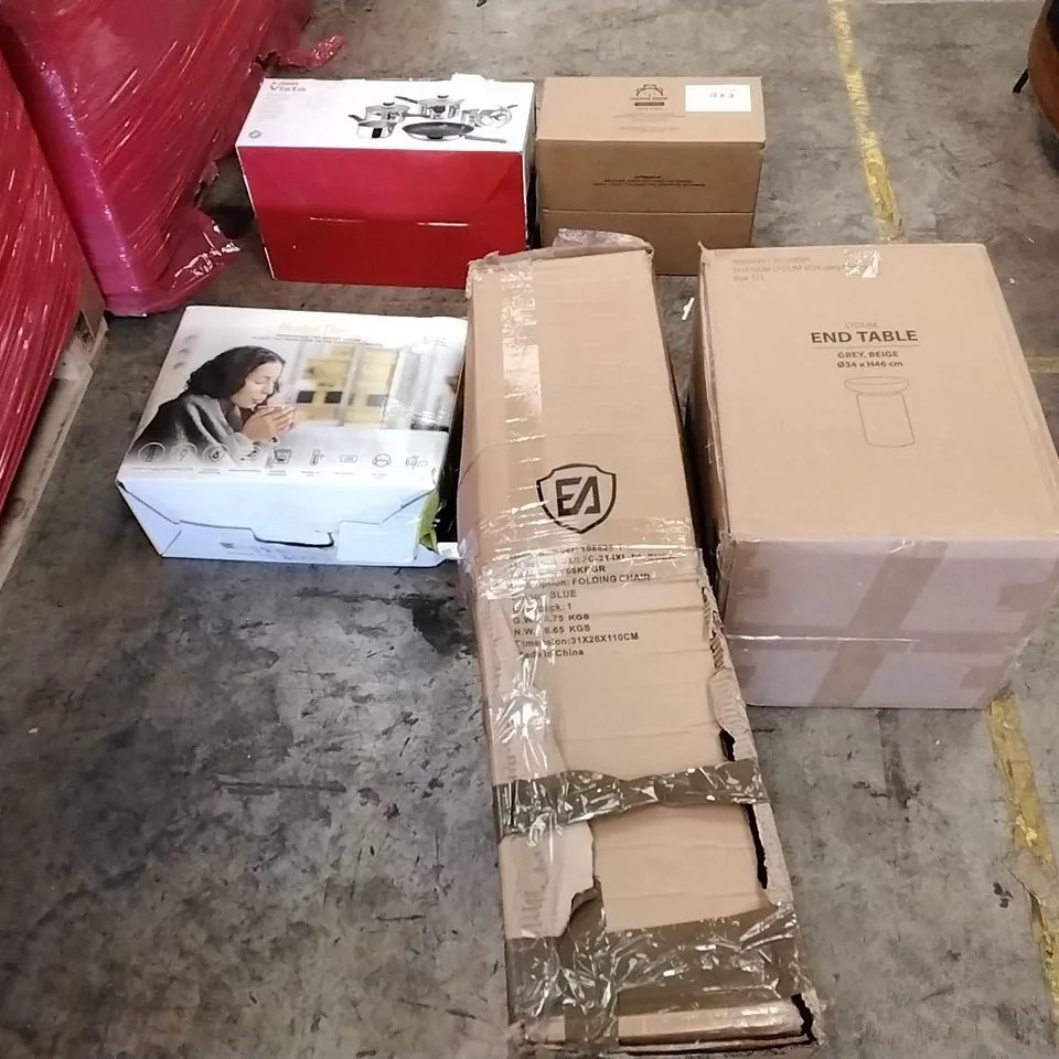 PALLET OF ASSORTED ITEMS TO INCLUDE: LYDUM END TABLE, HEATED THROW, FOLDING CHAIR, PAN SET, MAMA BEAR BABY WIPES ECT
