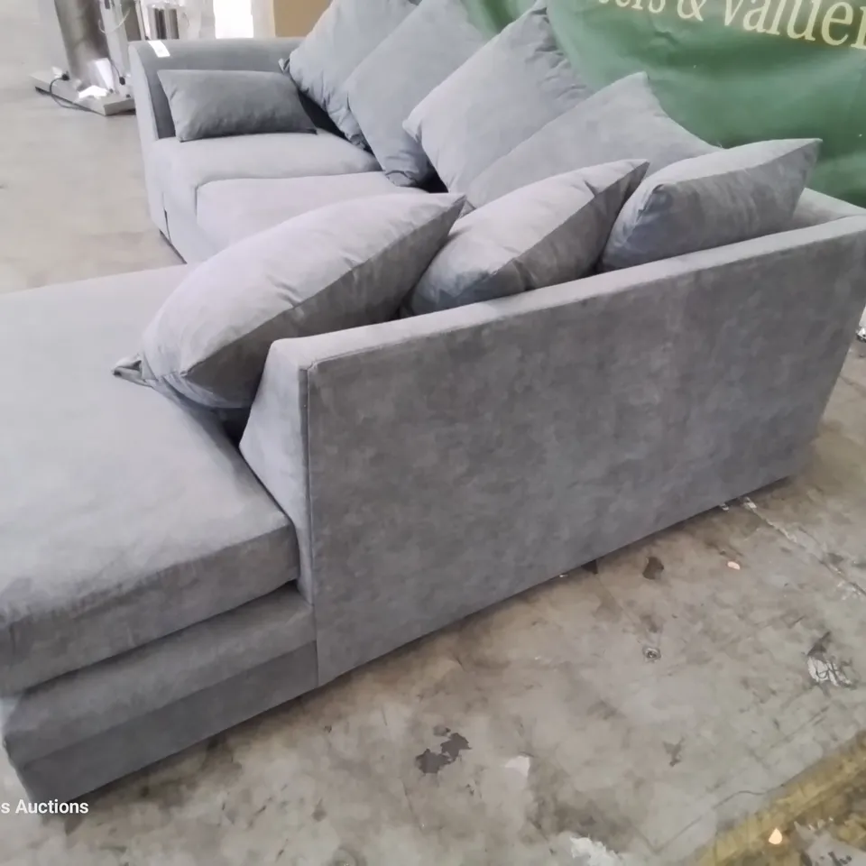 DESIGNER CHAISE SOFA WITH SCATTER CUSHIONS GREY FABRIC