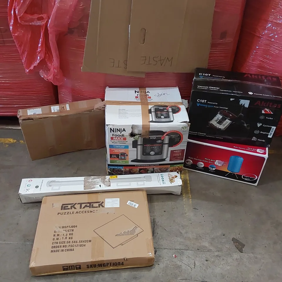 PALLET OF ASSORTED ITEMS INCLUDING: NINJA MULTI-COOKER, AKITAS VACUUM CLEANER, MULTIFUNCTIONAL CLOTHES DRYER, SAFETY GATE, INSTANT WATER HEATER ECT