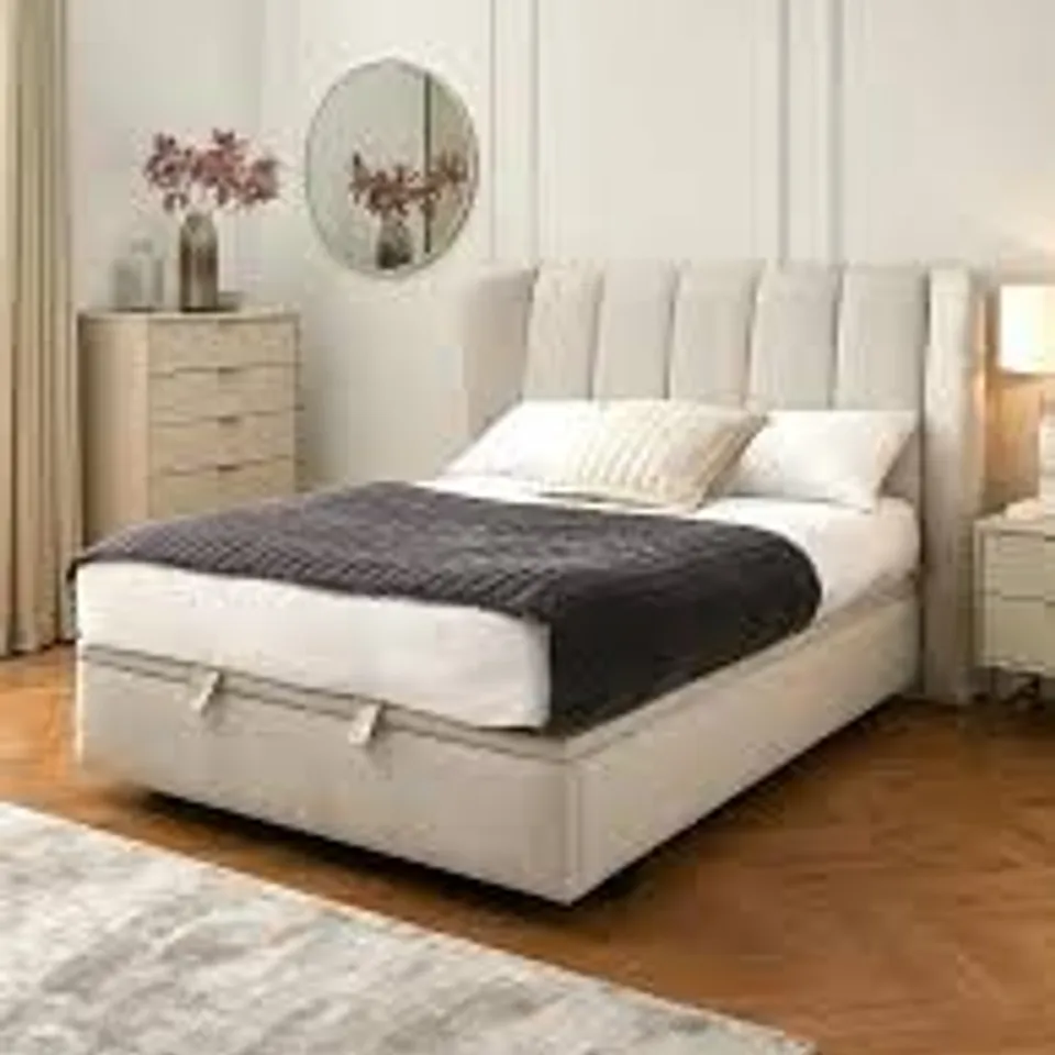 BOXED JASPER LIFT UP STORAGE KING SIZE BED FRAME - IVORY (5 BOXES)