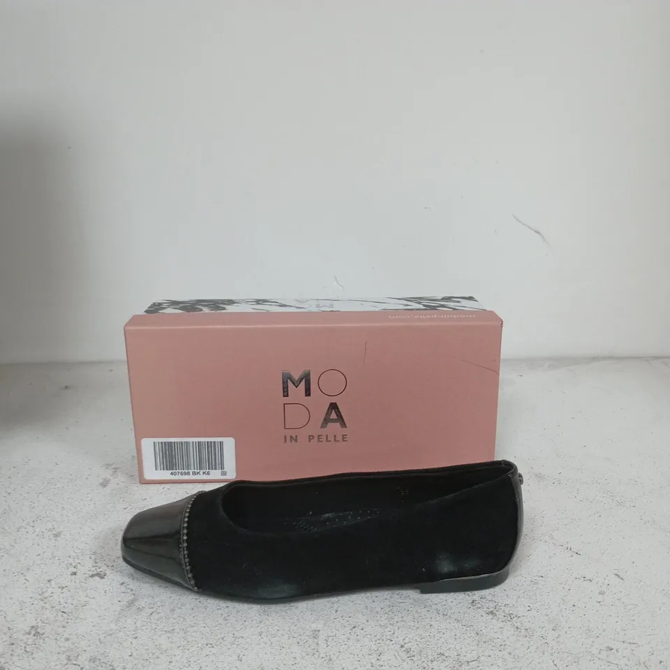 MODA IN PELLE WOMEN'S BLACK VELVET FLATS WITH PATENT TOE – BEADED EDGE EU SIZE 39