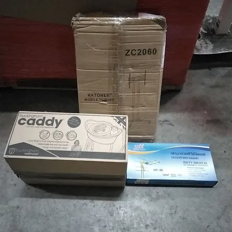 PALLET OF HOUSEHOLD ITEMS TO INCLUDE MOBILE TV CART, TV ANTENNA,BUCKINGHAM CADDY AND OTHER ASSORTED ITEMS...