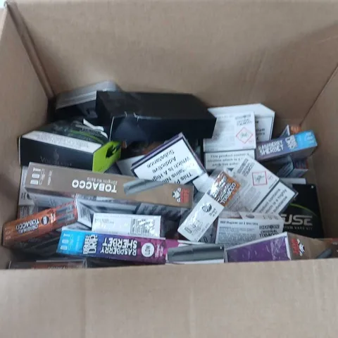BOX OF APPROXIMATELY 35 ASSORTED E-CIGARETTES AND COMPONENTS TO INCLUDE: ASSORTED VAPOURIZ DEVICE KITS 