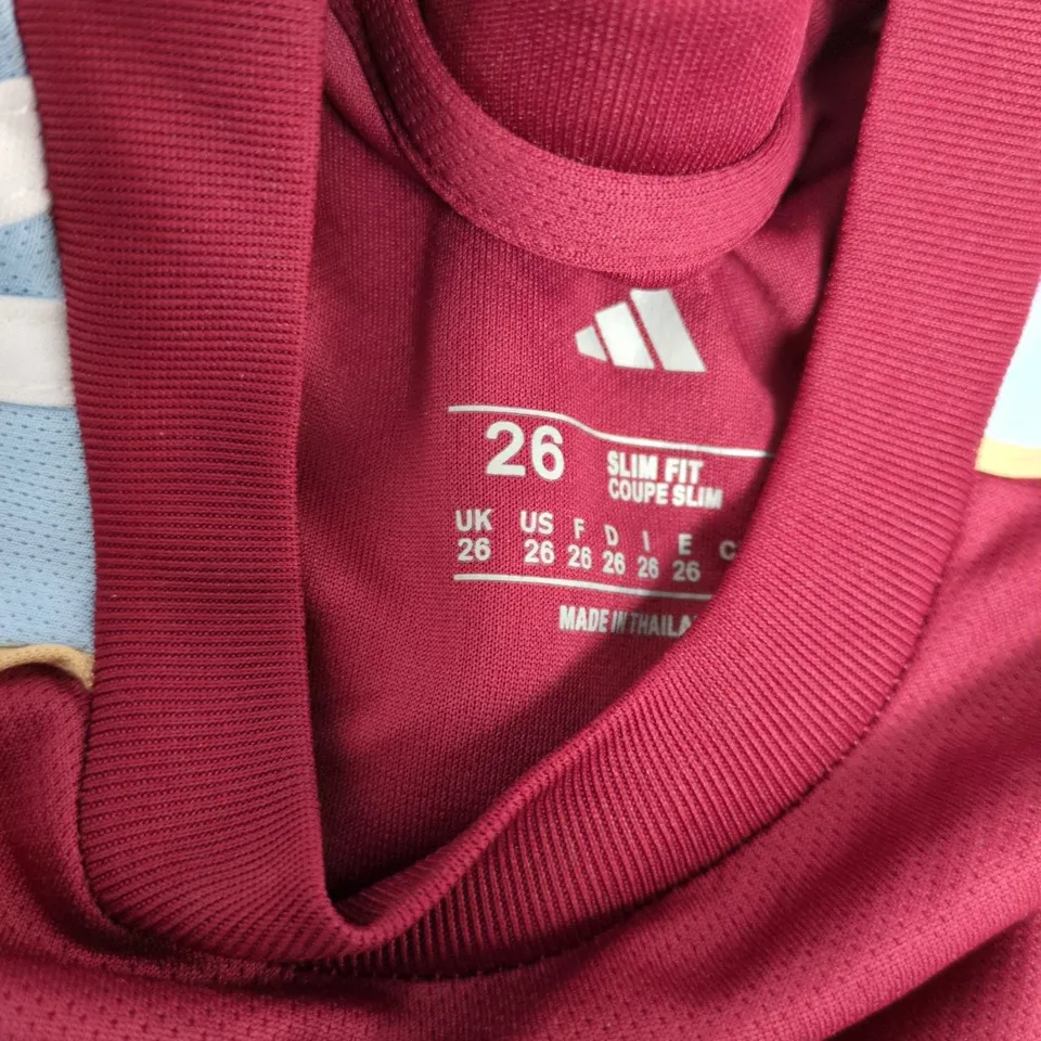 ASTON VILLA FC FOOTBALL KIT – ADIDAS, BETANO SPONSOR, MAROON WITH LIGHT BLUE SLEEVES – KIDS SIZE 26 SLIM FIT