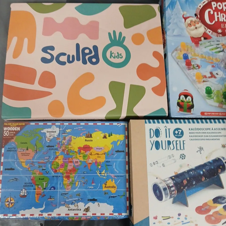 LOT OF 7 ASSORTED TOYS AND GAMES TO INCLUDE SCULPD KIDS, STICKLE BRICKS AND WOODEN JIGSAW