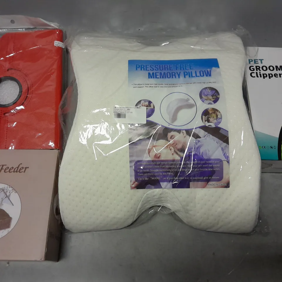 BOX OF APPROXIMATELY 8 ASSORTED ITEMS TO INCLUDE -  GROOMING HAIR CLIPPER , PRESSURE FREE MEMORY PILLOW , BIRD FEEDER ETC