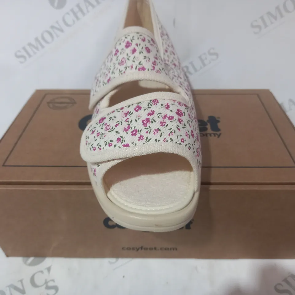 BOXED PAIR OF COSYFEET SHOES IN BEIGE/PINK FLORAL UK SIZE 7