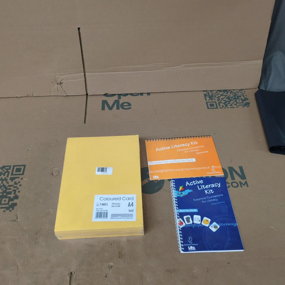 BOX OF APPROXIMATELY 12 ASSORTED ACADEMIC ITEMS TO INCLUDE: COLOURED CARD AND ACTIVE LITERACY KITS 