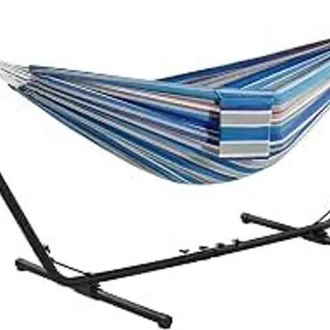 BOXED YAHEETECH DOUBLE HAMMOCK & METAL STAND, 205 KG CAPACITY, BLUE RED STRIPE