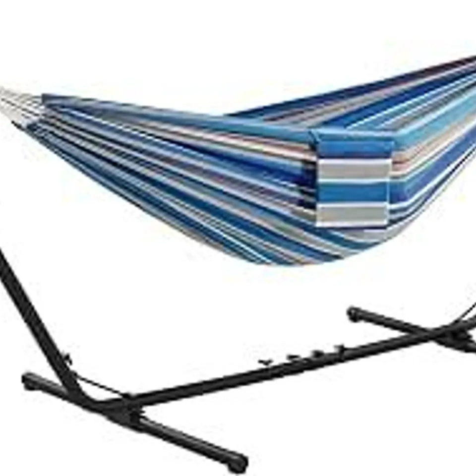 BOXED YAHEETECH DOUBLE HAMMOCK & METAL STAND, 205 KG CAPACITY, BLUE RED STRIPE