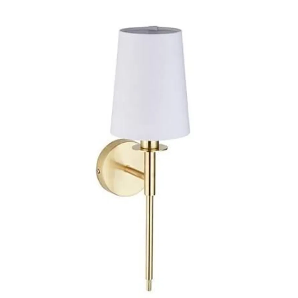 BOXED ENDON 1 LIGHT WALL LIGHT SATIN BRASS PLATE & VINTAGE WHITE FABRIC SHADE