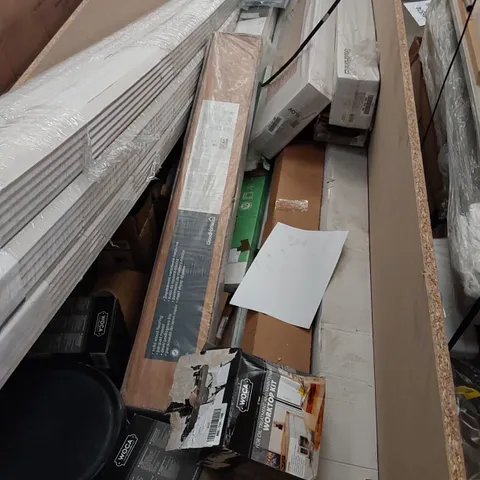 PALLET OF ASSORTED ITEMS TO INCLUDE, PRO COVE LITE, ASSORTED WOODEN FLOORING, WOCA WORKTOP KIT
