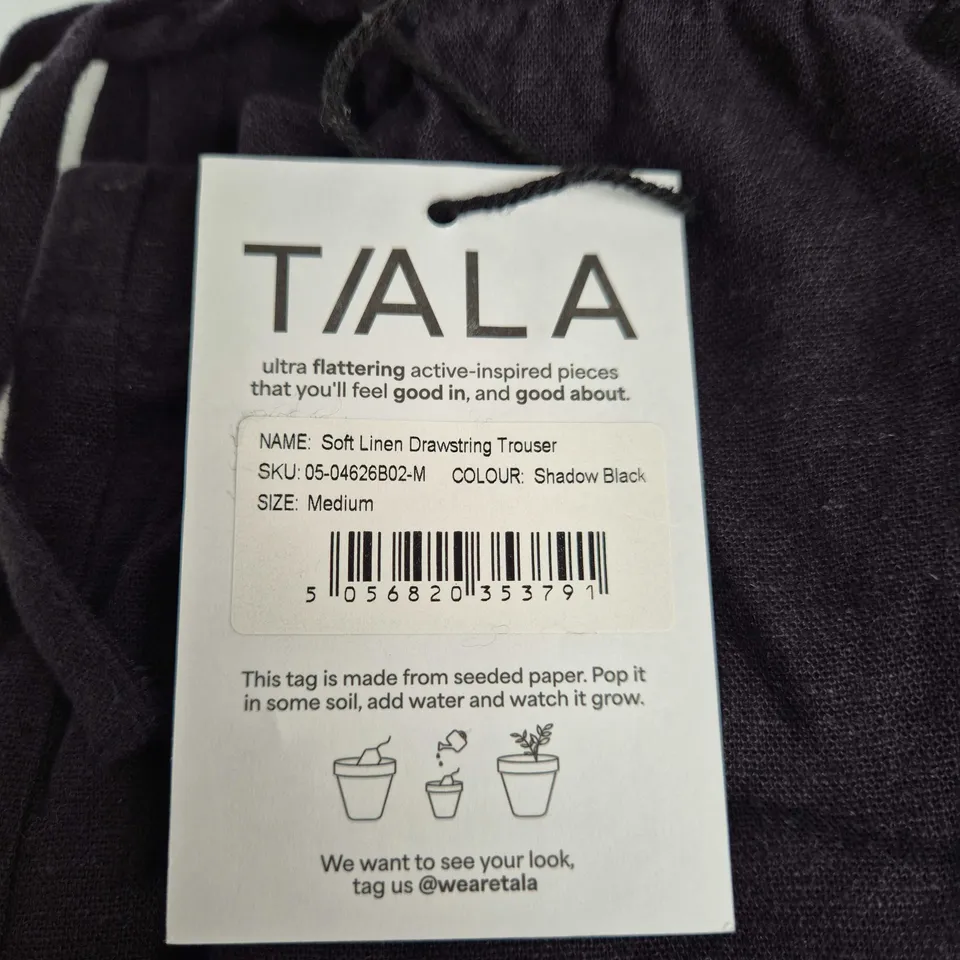 TALA SOFT LINEN DRAWSTRING TROUSERS – SHADOW BLACK – SIZE MEDIUM