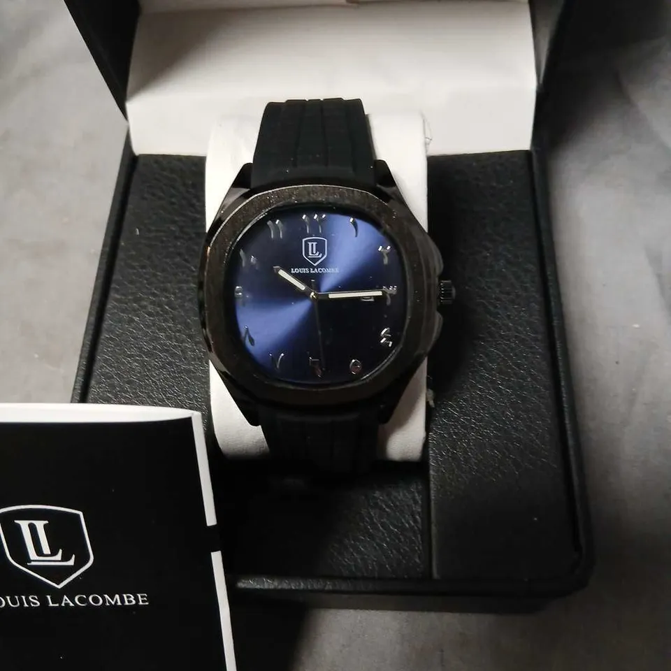 LOUIS LACOMBE WRISTWATCH – BLUE DIAL, BLACK STRAP, BOXED WITH MANUAL