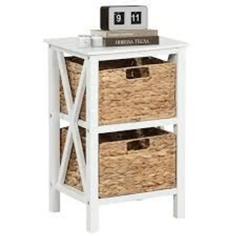 BOXED SOFA SIDE TABLE WITH SEAGRASS BASKETS AND RUBBER WOOD X-SHAPED FRAMES AND ACACIA WOOD LEGS-WHITE