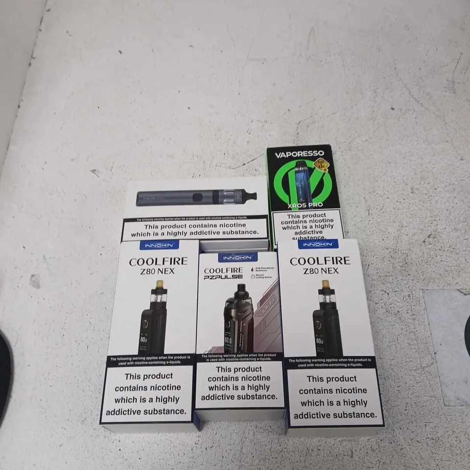 BOX OF APPROXIMATELY 35 ASSORTED E-CIGARETTES AND COMPONENTS TO INCLUDE: VAPERESSO XROS PRO KIT