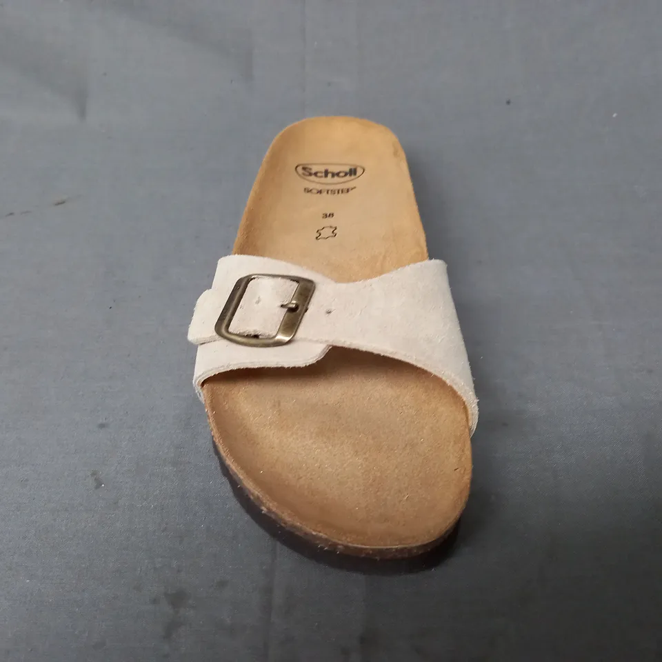 BOXED PAIR OF SCHOLL SANDALS IN BEIGE SIZE 5