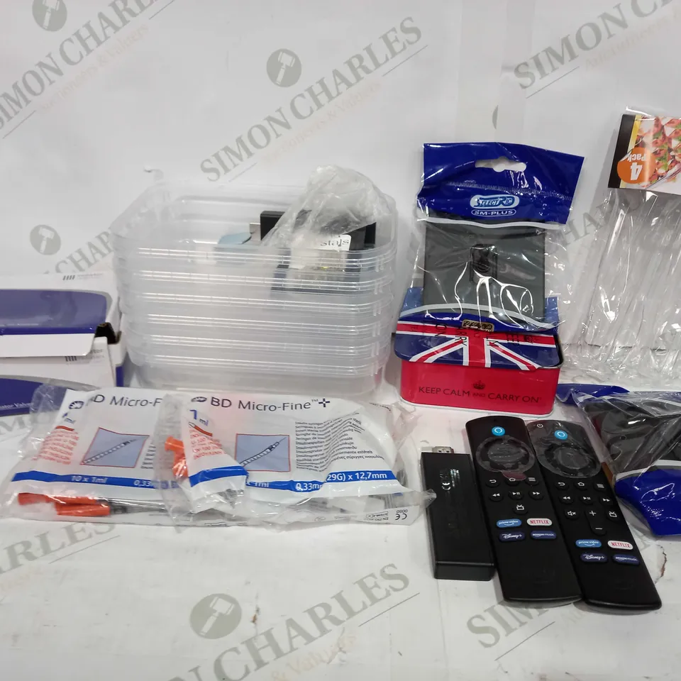 BOX TO CONTAIN APPROX 25 X ASSORTED HOUSEHOLD PRODUCTS, INCLUDES TV FIRE STICKS WITH REMOTES, WALL SWITCHES, RADIATOR VALVES ETC 