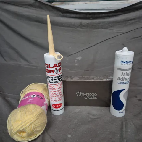 APPROXIMATELY 15 ASSORTED HOUSEHOLD ITEMS TO INCLUDE KNITTING YARN, HODO CRACK MAGNETS AND MIRROR ADHESIVE