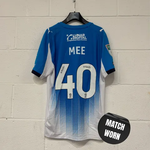 STOCKPORT COUNTY F.C VERTU CUP MATCH WORN HOME SHIRT IN BLUE/WHITE - EU M / BEN MEE #40
