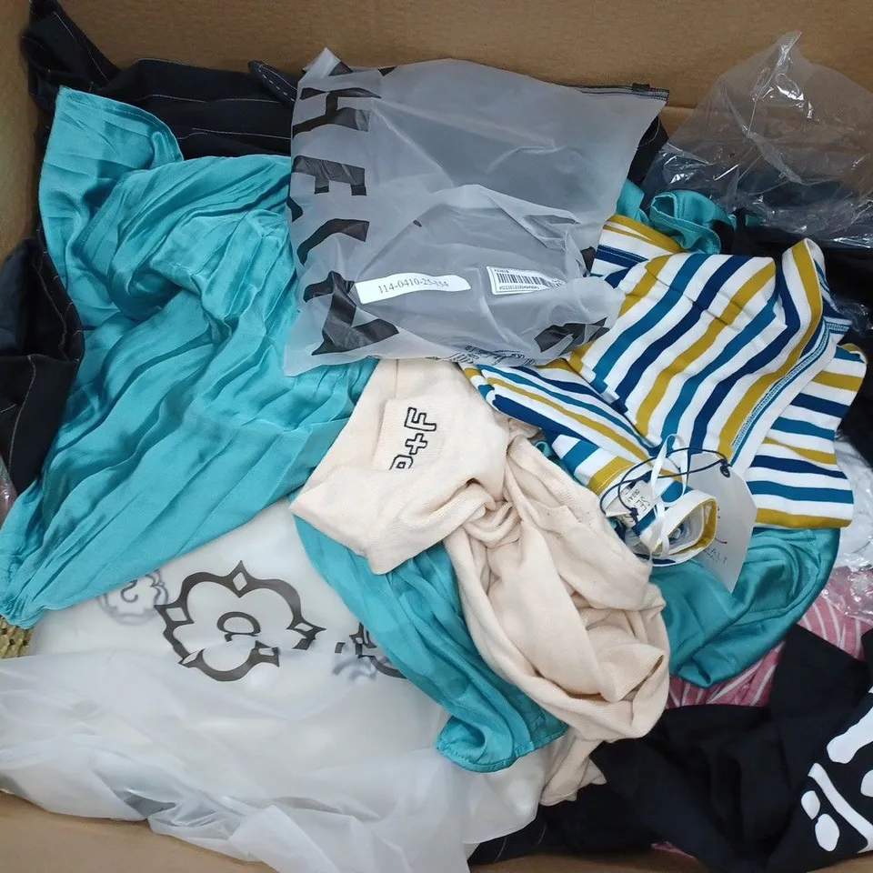  BOX OF ASSORTED CLOTHING ITEMS TOO INCLUDE DRESSES , SHIRTS AND TROUSERS IN VARIOUS SIZES AND COLOURS   