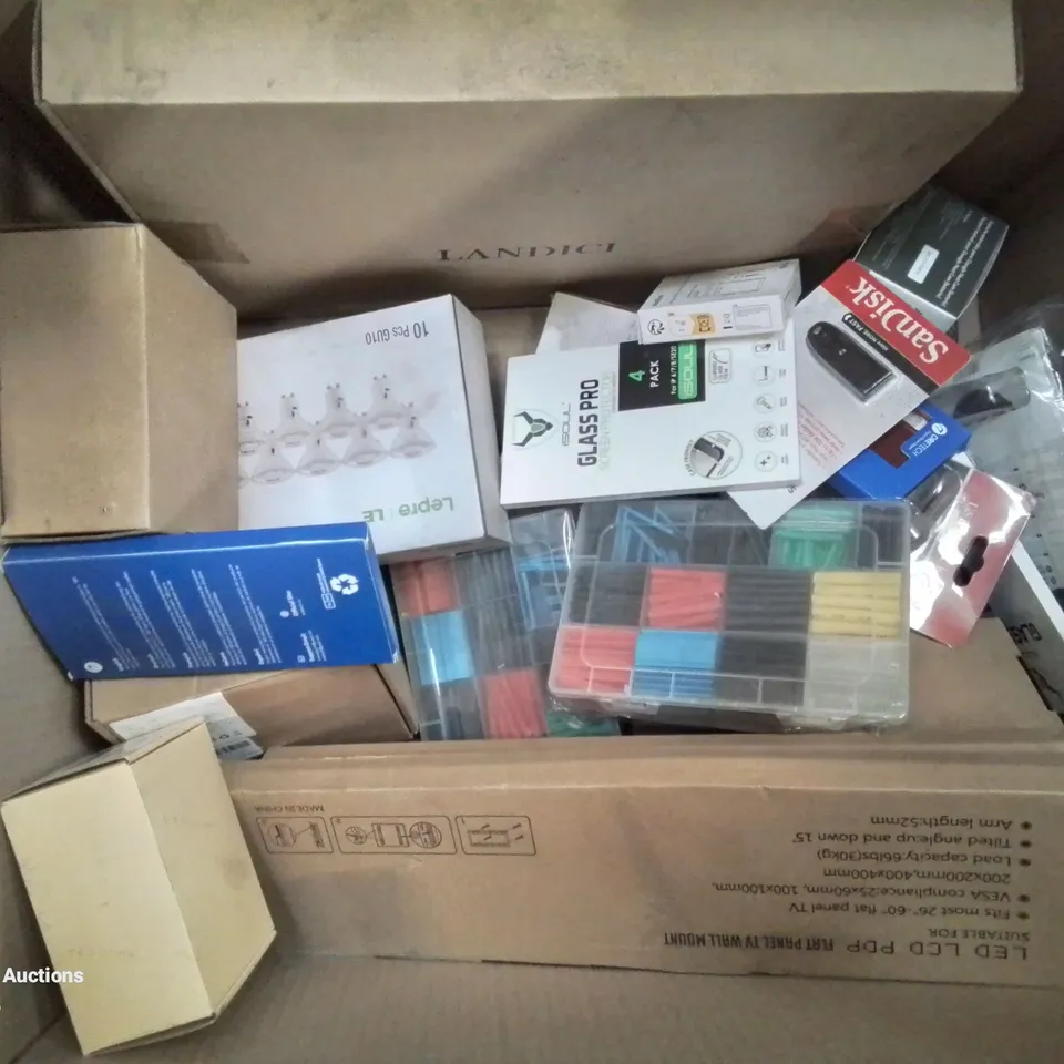 BOX CONTAINING LARGE AMOUNT OF MIXED BOXED ELECTRICAL ITEMS PHONE ACCESSORIES LIGHTING ETC.