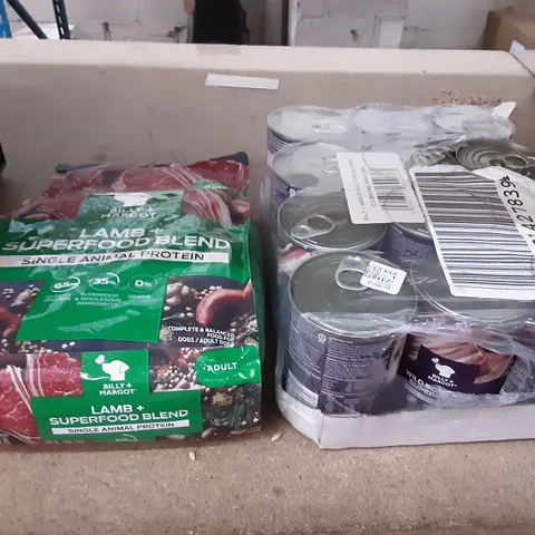 TOTE OF PET SUPPLIES INCLUDING BILLY + MARGOT LAMB + SUPERFOOD BLEND DOG FOOD, BILLY + MARGOT ADULT DOG FOOD WILD BOAR