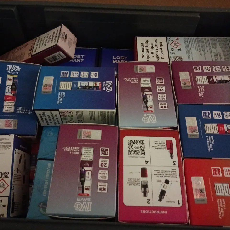 APPROXIMATELY 20 ASSORTED E-CIGARETTE PRODUCTS TO INCLUDE BRANDS SUCH AS IVG, LOST MARY, JUUL2, ETC - COLLECTION ONLY
