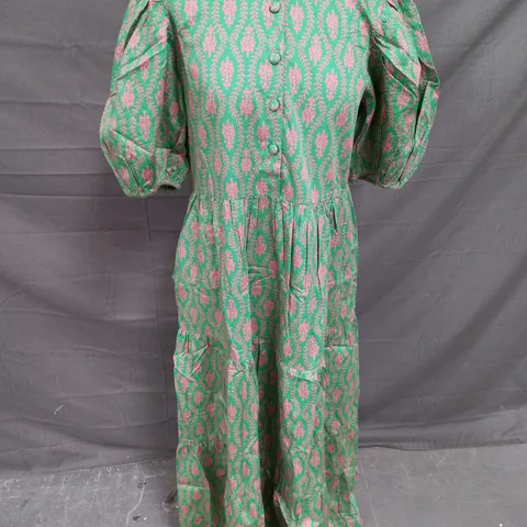 RAE FEATHER NELLIE TIERED PUFF SLEEVE DRESS IN GREEN/PINK SIZE S