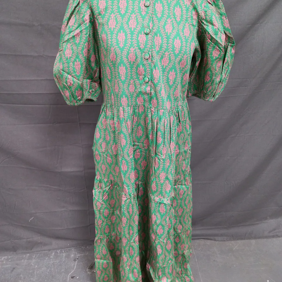 RAE FEATHER NELLIE TIERED PUFF SLEEVE DRESS IN GREEN/PINK SIZE S