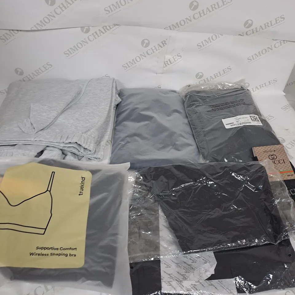 LARGE BOX OF ASSORTED CLOTHING ITEMS IN VARIOUS COLOURS AND SIZES INCLUDING TROUSERS , TOPS AND JUMPERS 