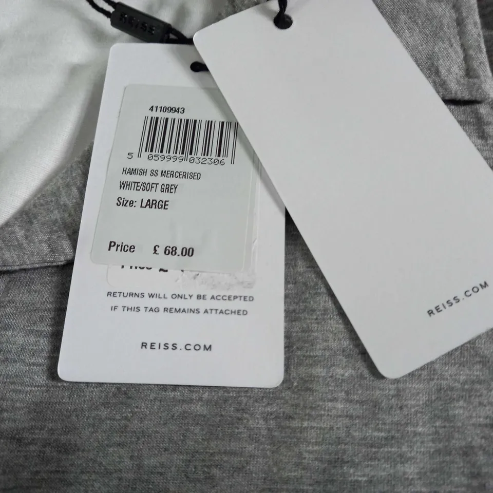 REISS BUTTON THROUGH POLO SHIRT IN GREY/WHTE - L
