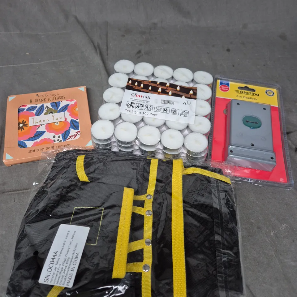 APPROXIMATELY 20 ASSORTED HOUSEHOLD PRODUCTS TO INCLUDE THANK YOU CARDS, TEA LIGHTS, RIM DEADLOCK ETC 