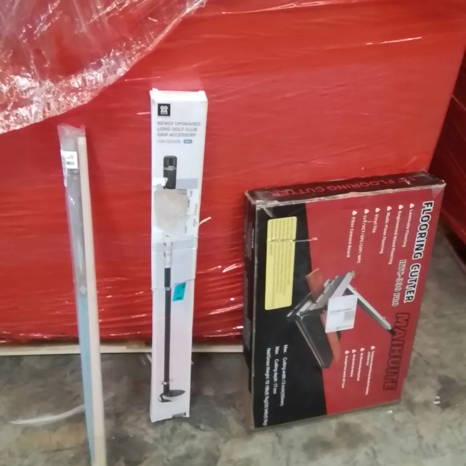 PALLET OF ASSORTED HOUSEHOLD GOODS AND PRODUCTS TO INCLUDE;POOL CUE,GOLF GRIP,FLOOR CUTTER 