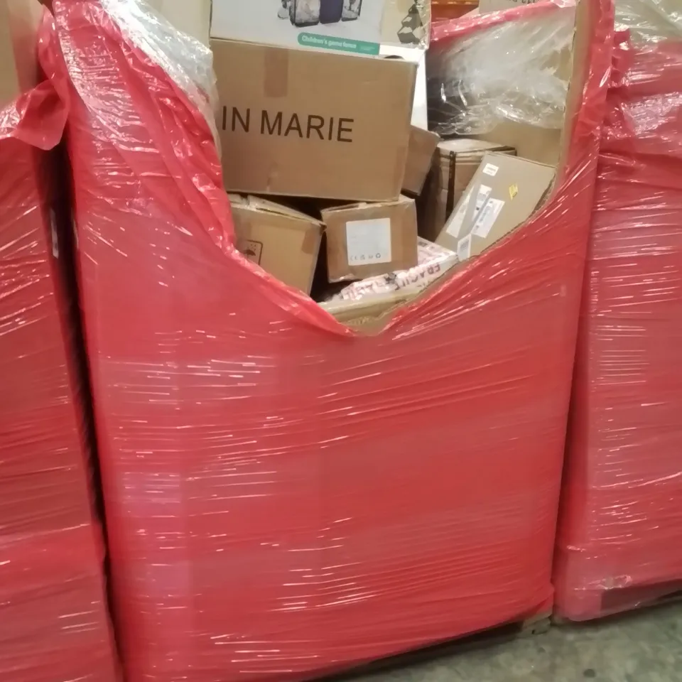 PALLET CONTAINING VARIOUS ASSORTED BOXED HOUSEHOLD ITEMS TO INCLUDE: BAIN MARIE, KIDS PLAYPENS, FOLDING CHAIR, AND LOTS MORE UNMARKED BOXED ITEMS 