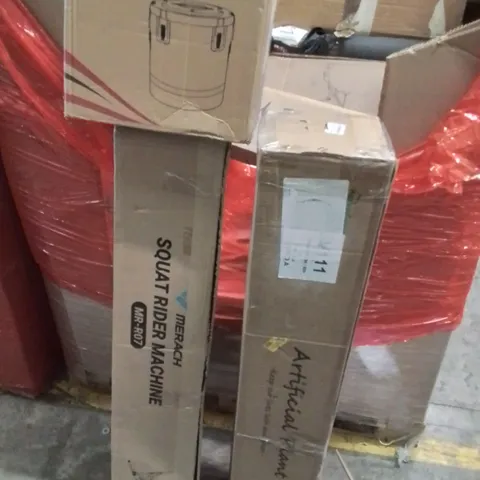 PALLET OF ASSORTED HOUSEHOLD GOODS AND PRODUCTS TO INCLUDE; SQUAT RIDER MACHINE,ARTIFICIAL PLANT,INSULATION BARREL