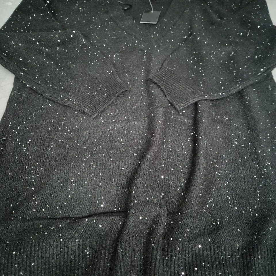 PEACOCKS SEQUIN V NECK JUMPER, BLACK - SIZE XL