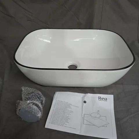 REA WASH BASIN IN WHITE WITH BLACK TRIM - COLLECTION ONLY