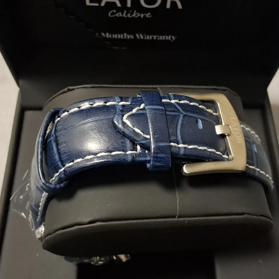 LATOR CALIBRE SQUARE STAINLESS STEEL NAVY GENTS WATCH WITH A LEATHER STRAP