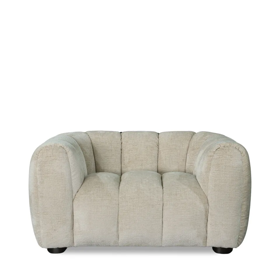 BRAND NEW BOXED BELLE SNUGGLER CHAIR IN GLAM BLOCK FABRIC - NATURAL