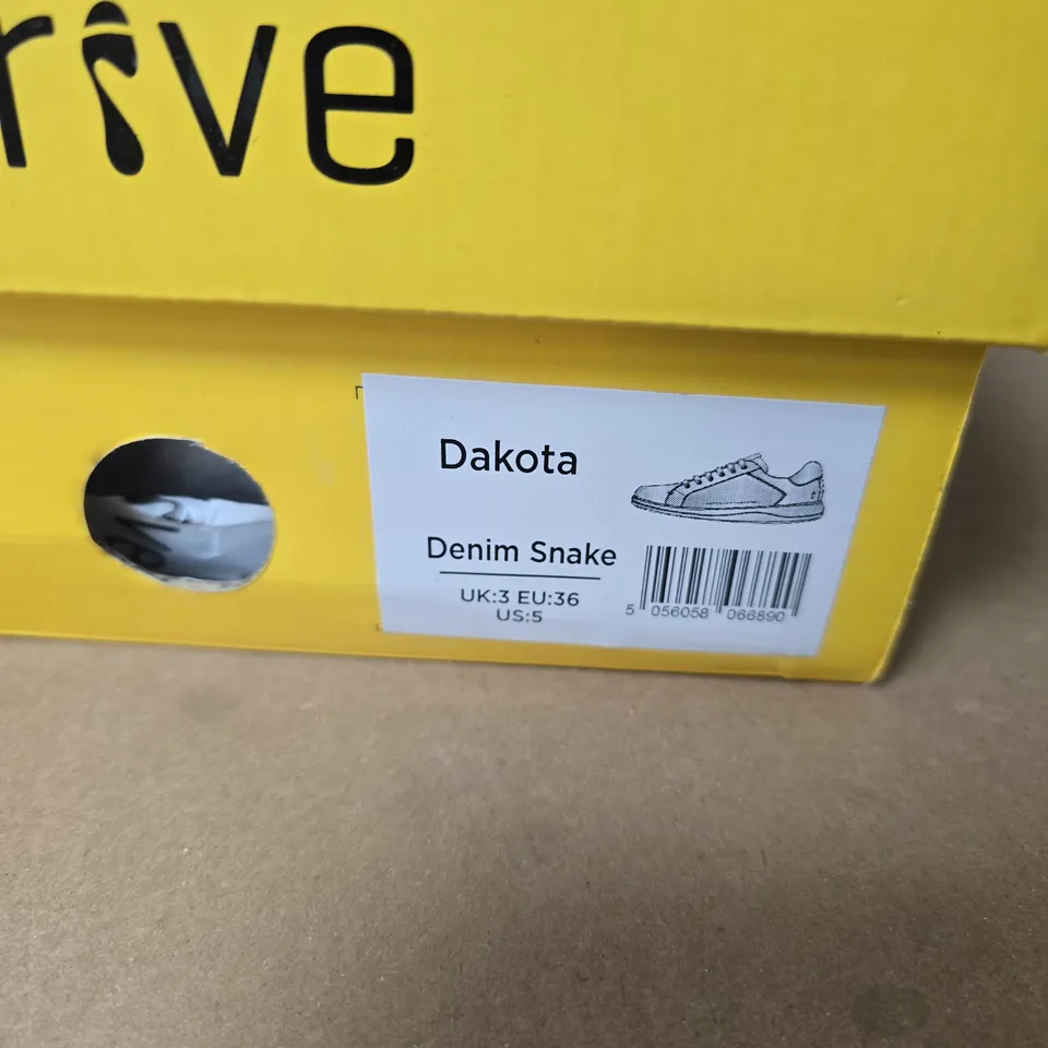 STRIVE DAKOTA DENIM SNAKE SNEAKERS – NAVY, UK 3 (EU 36, US 5) – BOXED